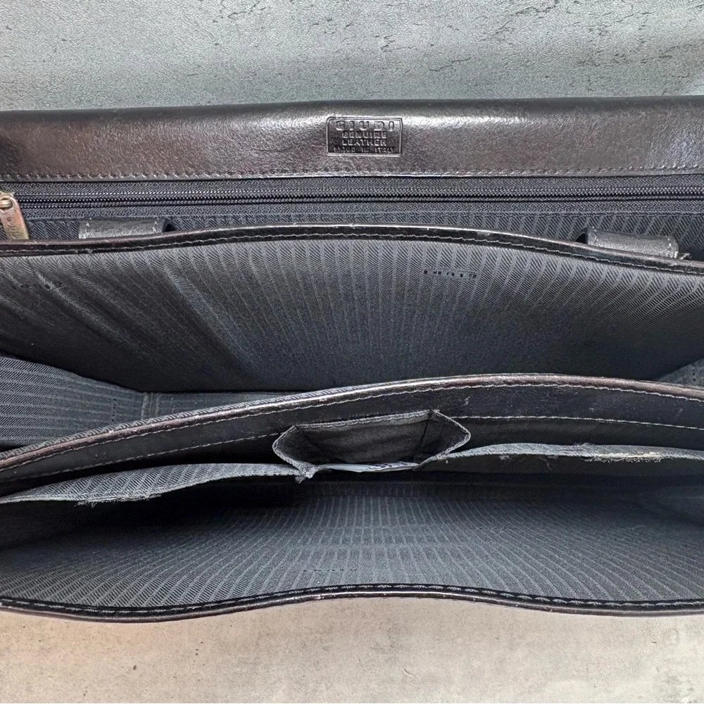 Guidi Briefcase Shoulder Bag Latch Multi Pocket Black‎ Leather Made In Italy